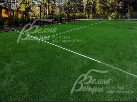 На участок обустроен собственный падел-корт размером 20×10 м с идеальным газоном