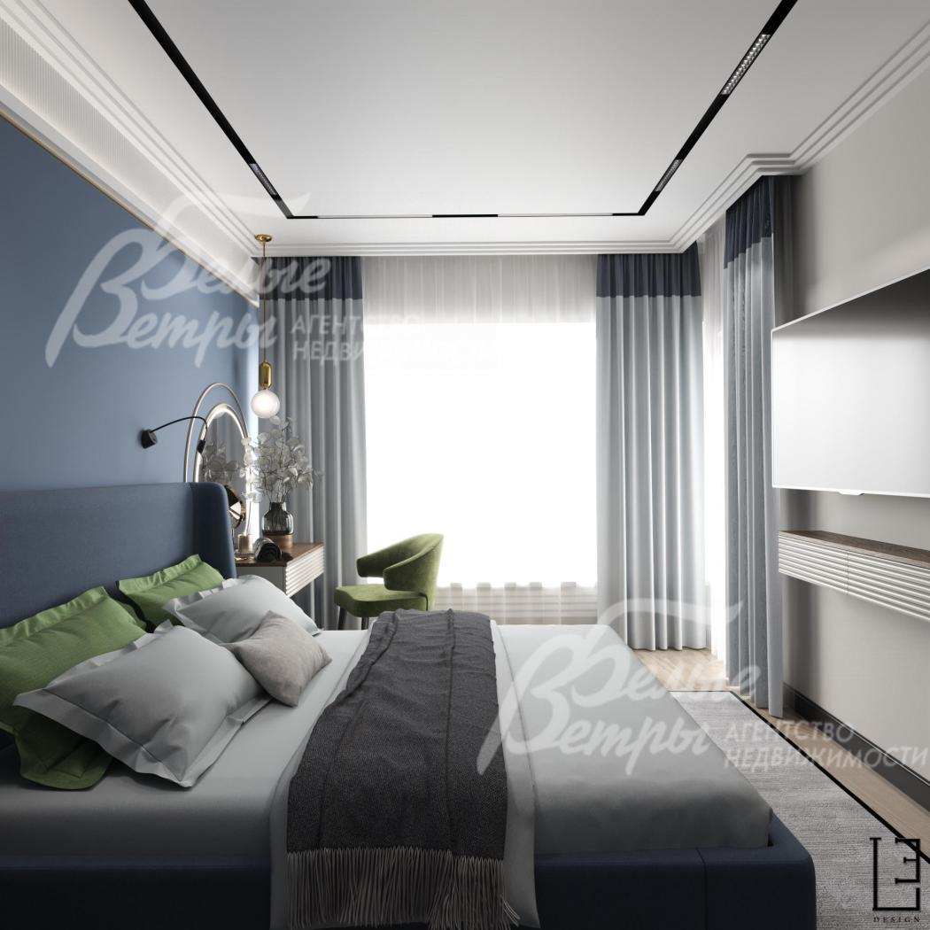 Визуализация дизайн проекта 2-го этажа: мастер-спальня на втором этаже с большим окном