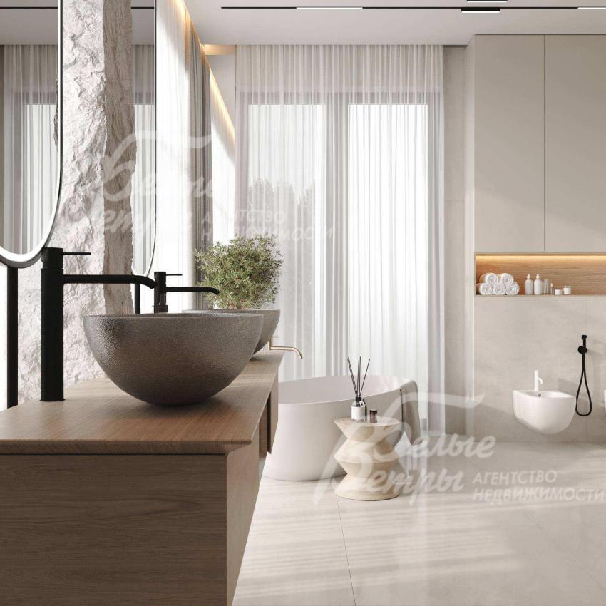 Визуализация: просторный санузел на втором этаже 22 кв.м с большим окном