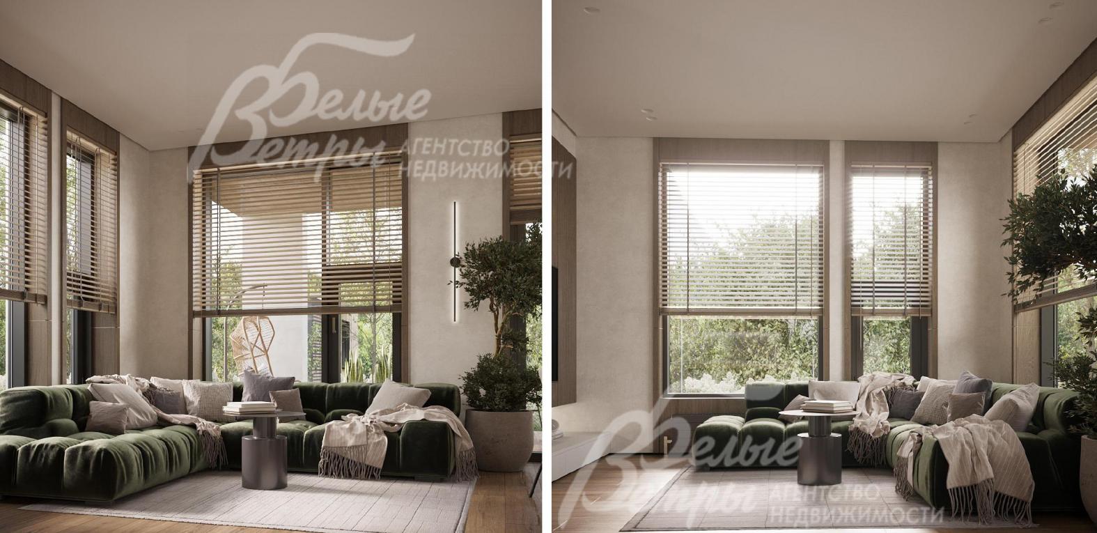 Визуализация дизайн-проекта 1-го этажа: светлая гостиная с диванной группой