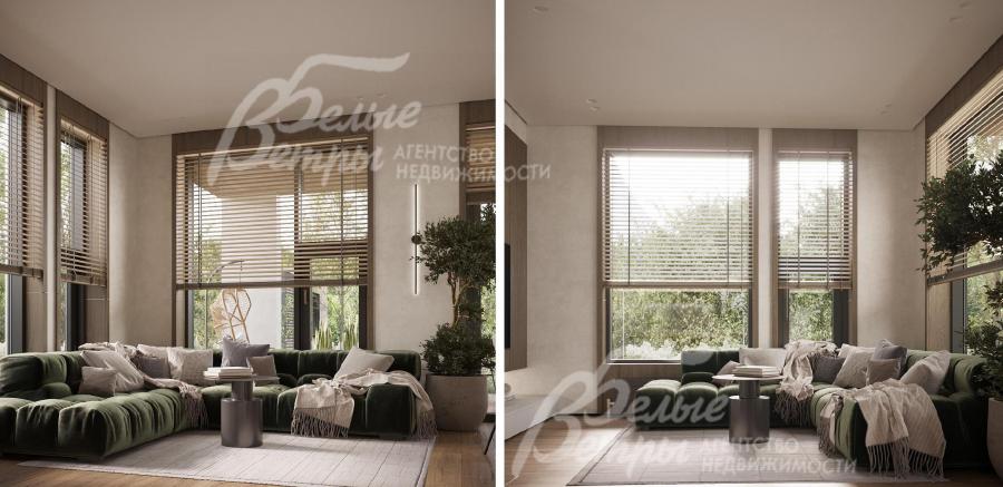 Визуализация дизайн-проекта 1-го этажа: светлая гостиная с диванной группой