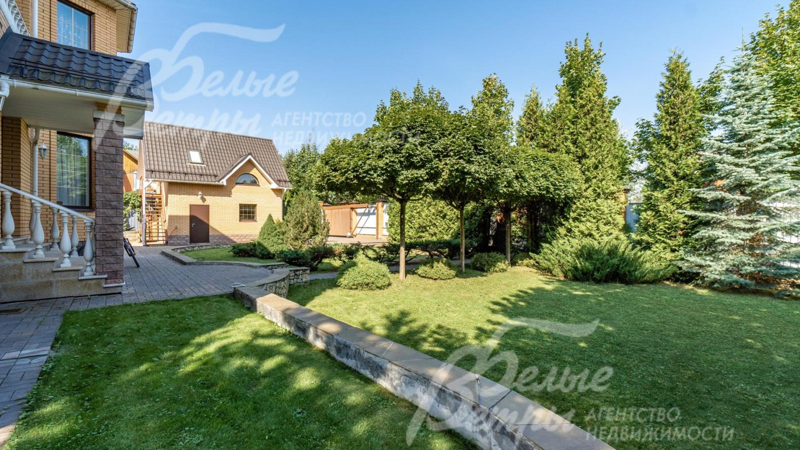 На участке растут клены, сосны, кустарниковые можжевельники, туи