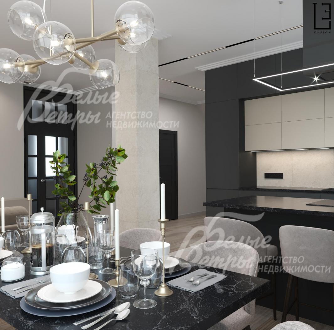 Визуализация дизайн проекта 1-го этажа: в зоне кухни-столовой - декоративная колонна, разделяющая пространство