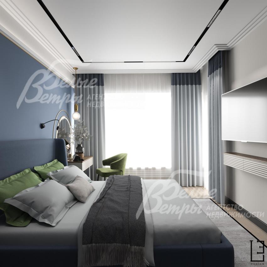 Визуализация дизайн проекта 2-го этажа: мастер-спальня на втором этаже с большим окном