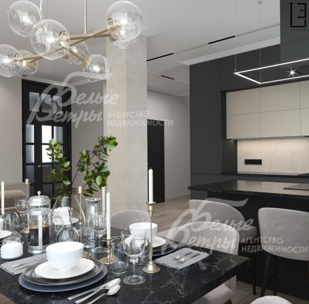 Визуализация дизайн проекта 1-го этажа: в зоне кухни-столовой - декоративная колонна, разделяющая пространство