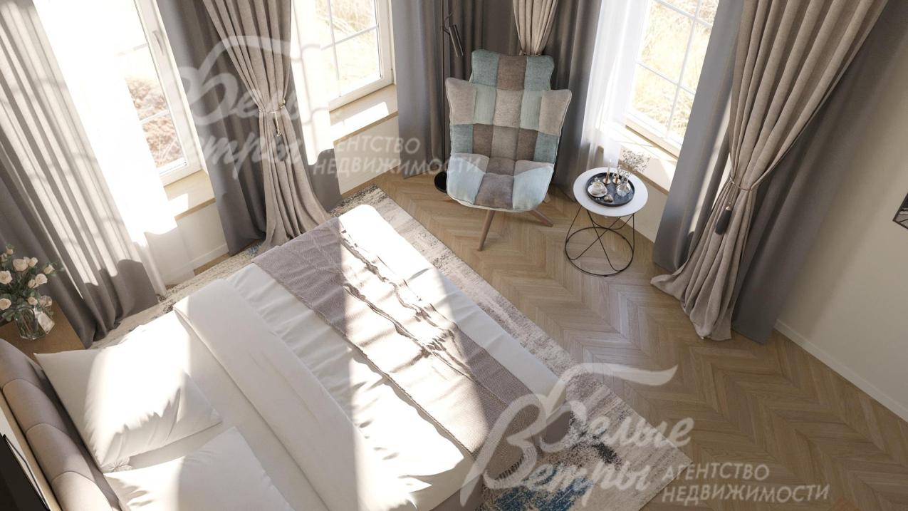 На полу в спальнях - кварц‑виниловое покрытие с рисунком «французская ёлка», имитирующее дерево, с подогревом