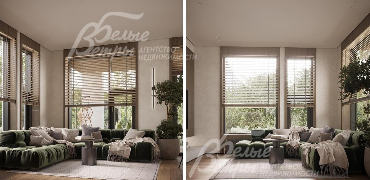 Визуализация дизайн-проекта 1-го этажа: светлая гостиная с диванной группой