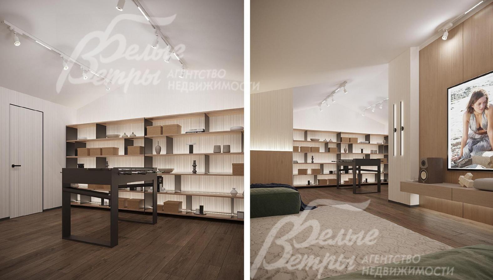 Визуализация дизайн-проекта мансардного этажа: слева - холл с большим стеллажом; справа - зона кинотеатра