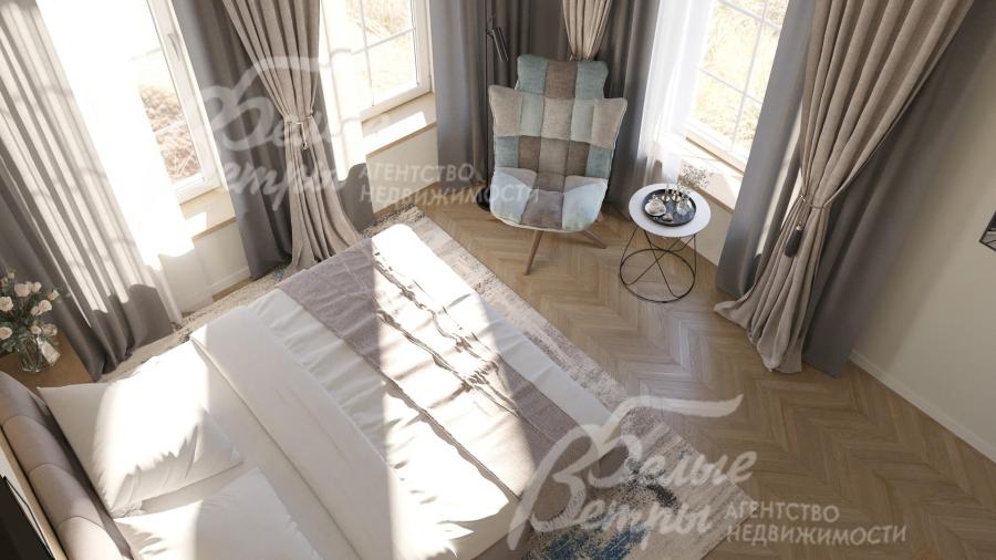 На полу в спальнях - кварц‑виниловое покрытие с рисунком «французская ёлка», имитирующее дерево, с подогревом