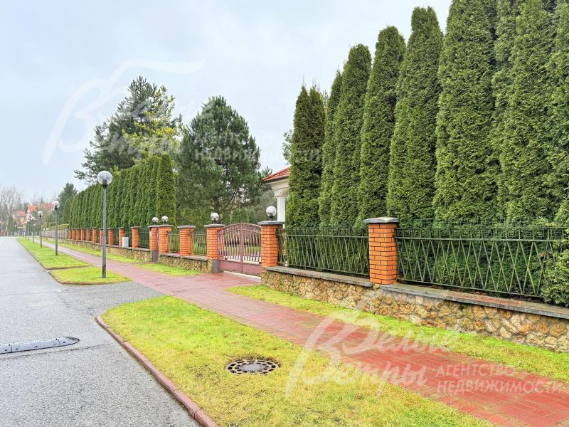 За оградой участка возвышается плотная живая изгородь из высоких ухоженных сосен. Деревья высажены ровными рядами, создавая эффект «зелёной стены» - это не только красиво выглядит, но и обеспечивает приватность территории