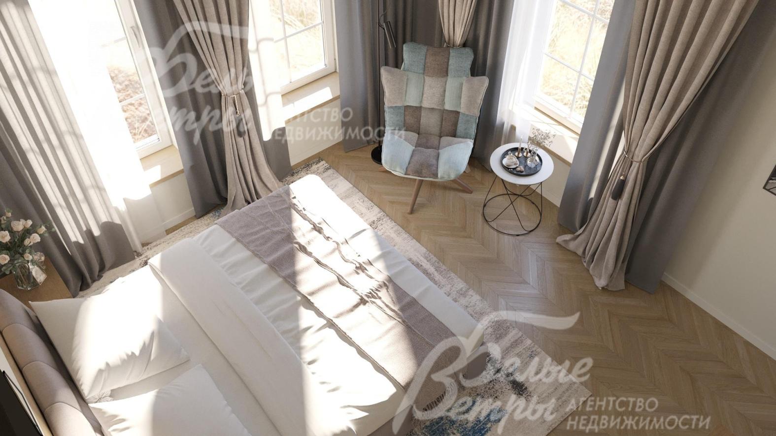 На полу в спальнях - кварц‑виниловое покрытие с рисунком «французская ёлка», имитирующее дерево, с подогревом