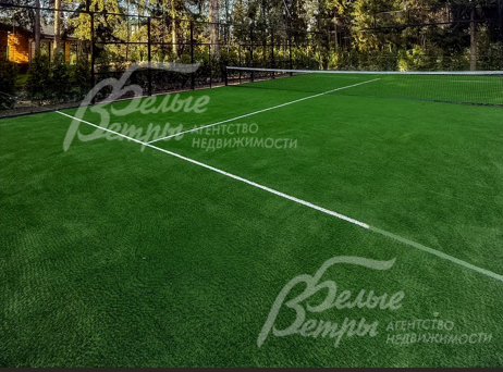 На участок обустроен собственный падел-корт размером 20×10 м с идеальным газоном