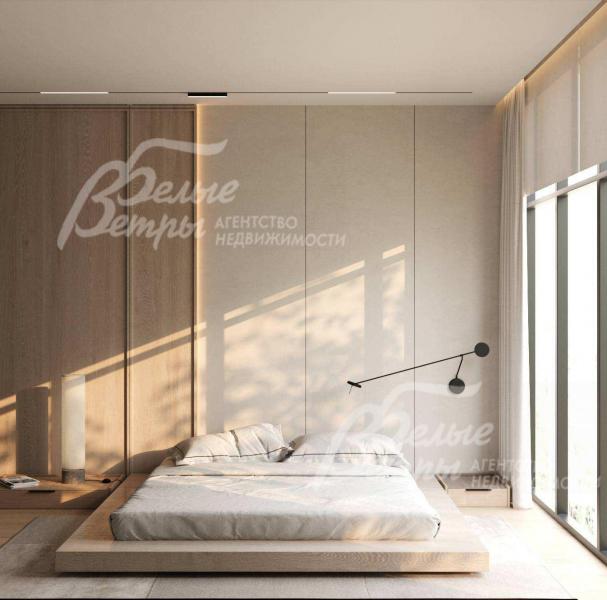 Визуализация: спальня на втором этаже дома с панорамным остеклением и небольшим кабинетом, котором можно также обустроить гардеробную